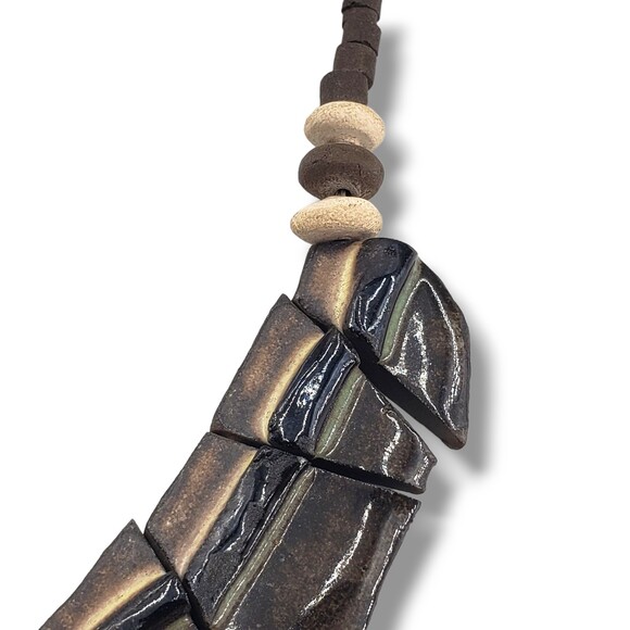 Vintage Polymer Clay Ceramic Flat Slice Collar Necklace Neutral Tone - Picture 5 of 9